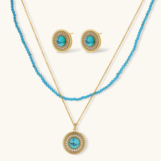 Gold-plated turquoise jewelry set with circular medallion pendant, beaded necklace, and matching stud earrings on white background